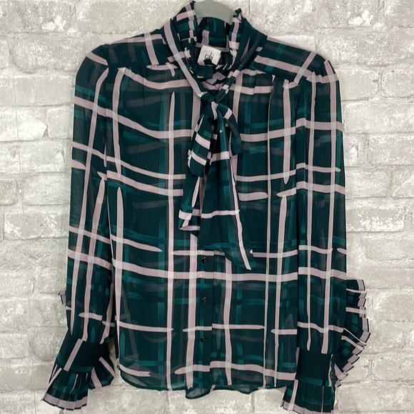 CABI Cake Ruffle Sheer Long Sleeve Button down Blouse - Picture 3 of 8